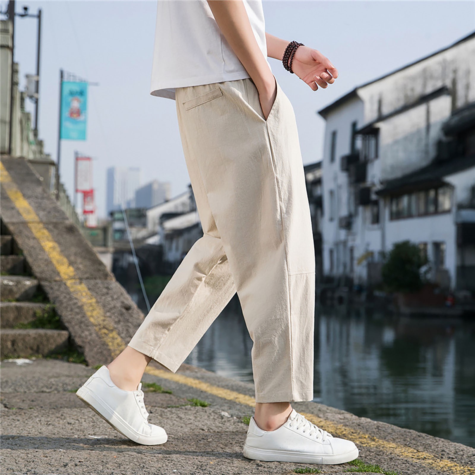 thumbnail image 4 of Pantalones informales rectos y holgados para hombre: estilo coreano, cintura elástica, tejido de alta calidad para primavera/verano, 4 of 5